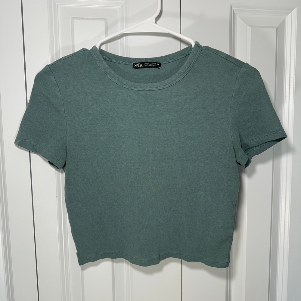 Zara Crop Top Women Size M Green Short Sleeve Ribbed Crew Neck Tee Basic Capsule